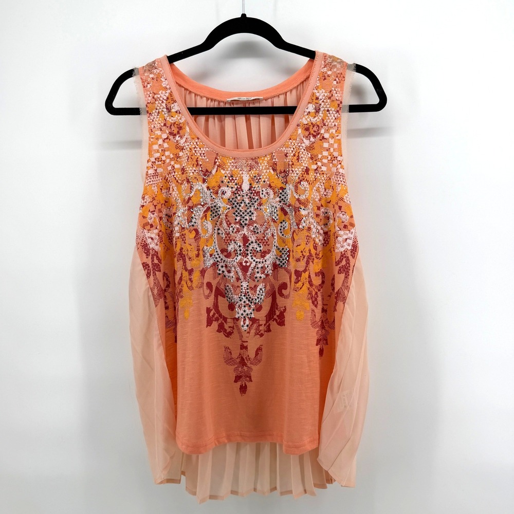 Miss Me Tank Top Sequin Pleated Back‎ M Peach Womens Boho Y2K High Low MDT564T